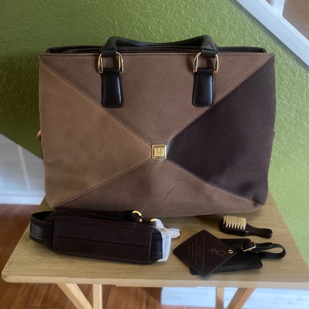 Suede Patchwork Tote Bag in Brown and Dark Brown